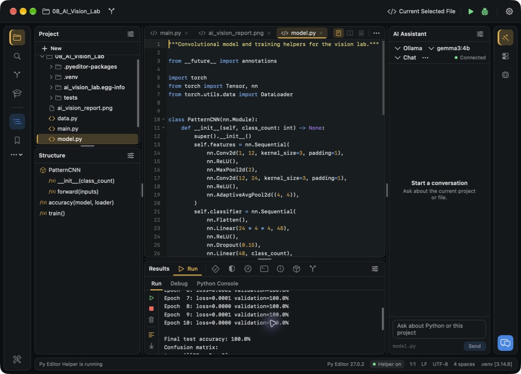 Image classifier source code and completed training output in Py Editor