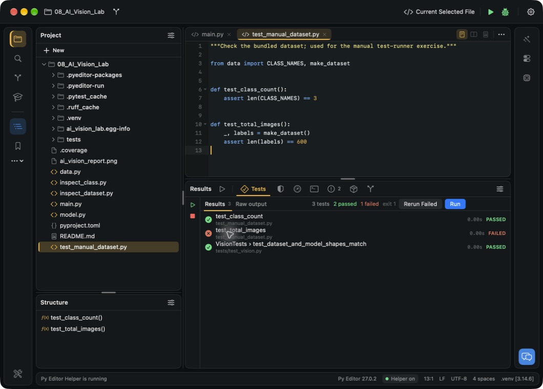 Python test results with two passed tests and one deliberately failed expectation